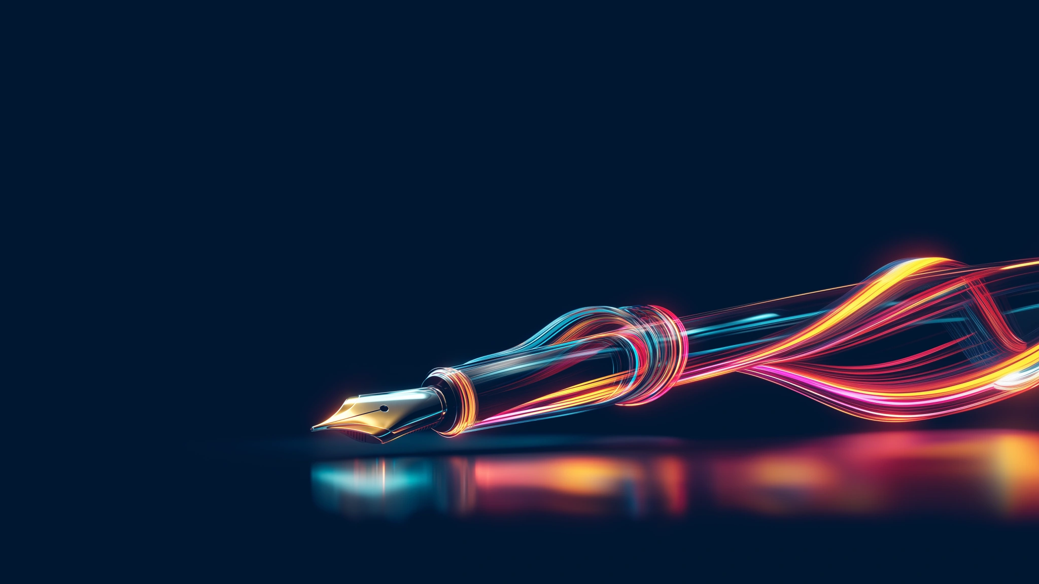 Leuchtende Füllfeder mit farbigen Lichtspuren als Sinnbild für Generative Engine Optimization bei TEMA